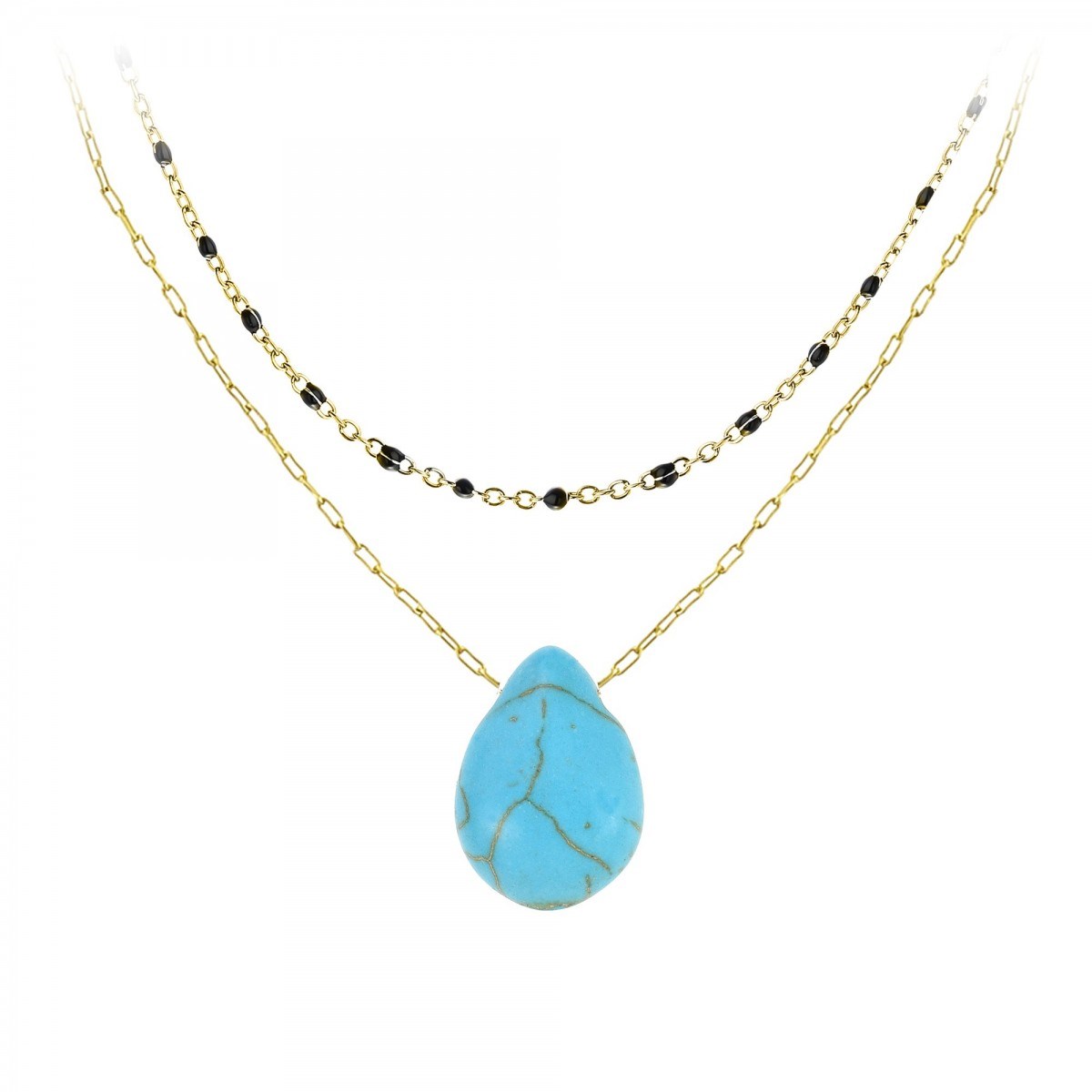 Lot de 2 colliers SC Bohème en Acier Finement doré orné d'une pierre naturelle Turquoise