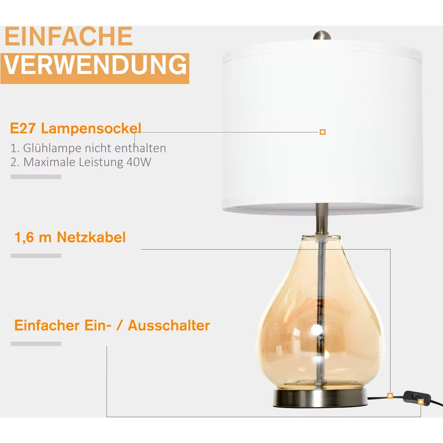 HOMCOM 2er-Tischlampenset mit Leinen-Lampenschirm weiß, silber, bernstein