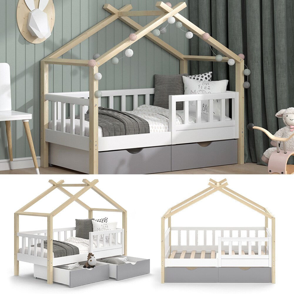 VitaliSpa Kinderbett Hausbett Einzelbett Design Weiß Grau Natur modern 70x140 cm Kinderzimmer Bett Massivholz Lattenrost Schublade Rausfallschutz Schubladenbett