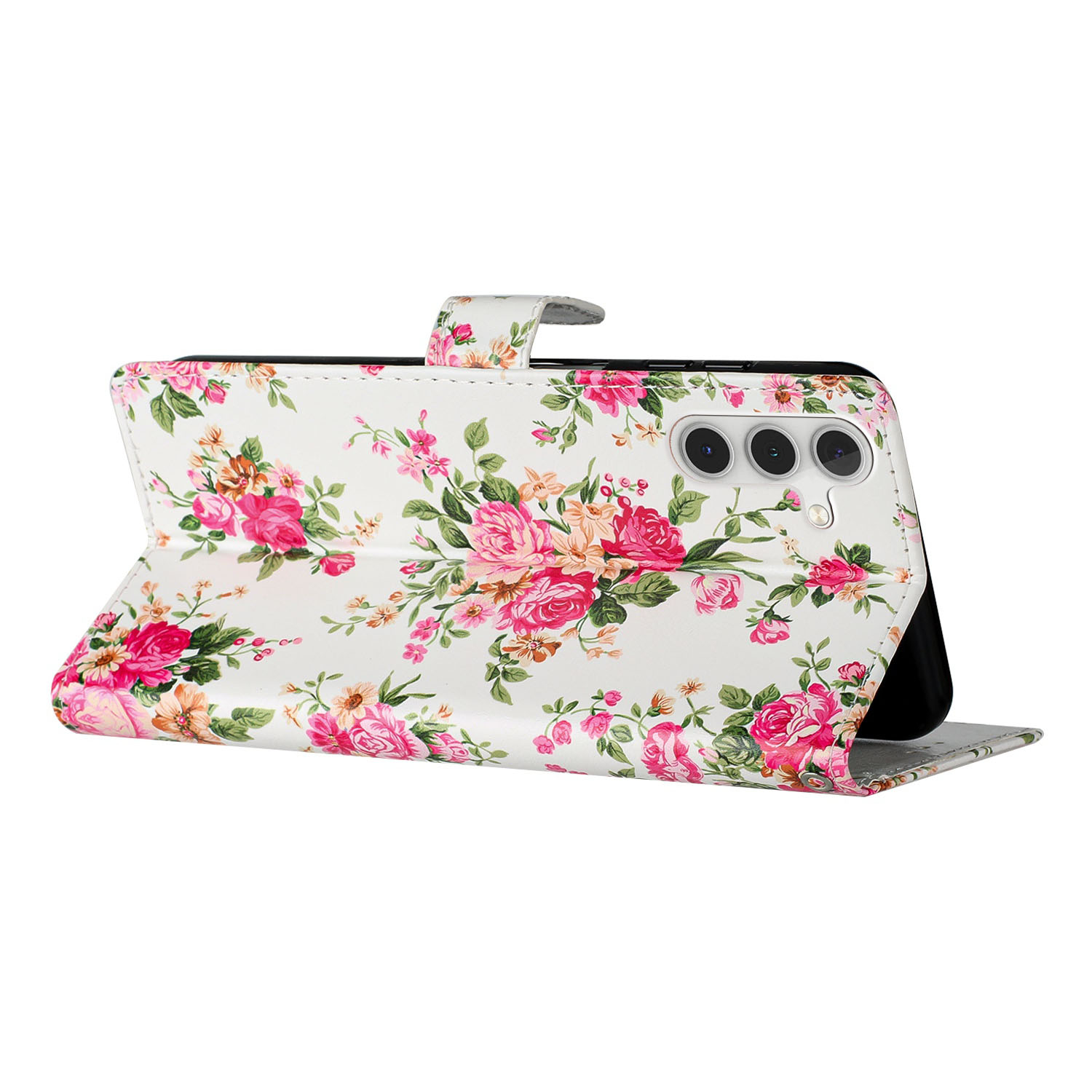 Samsung Galaxy S24 FE Leder Tasche mit Kartenfach   Handschlaufe - Pfingstrosen