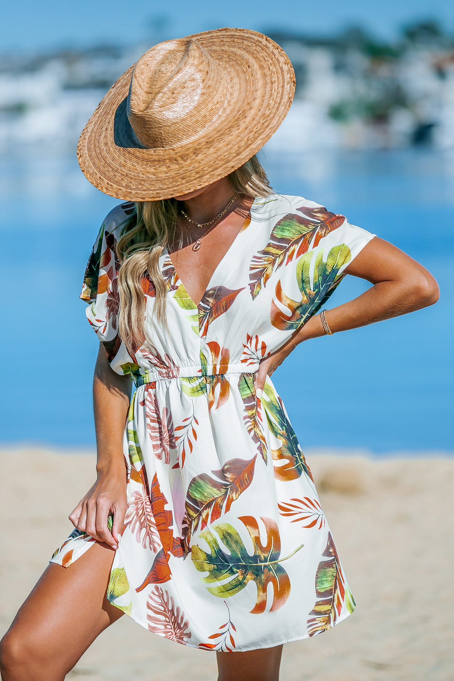 Robe cover up mini à manches dolman tropicales
