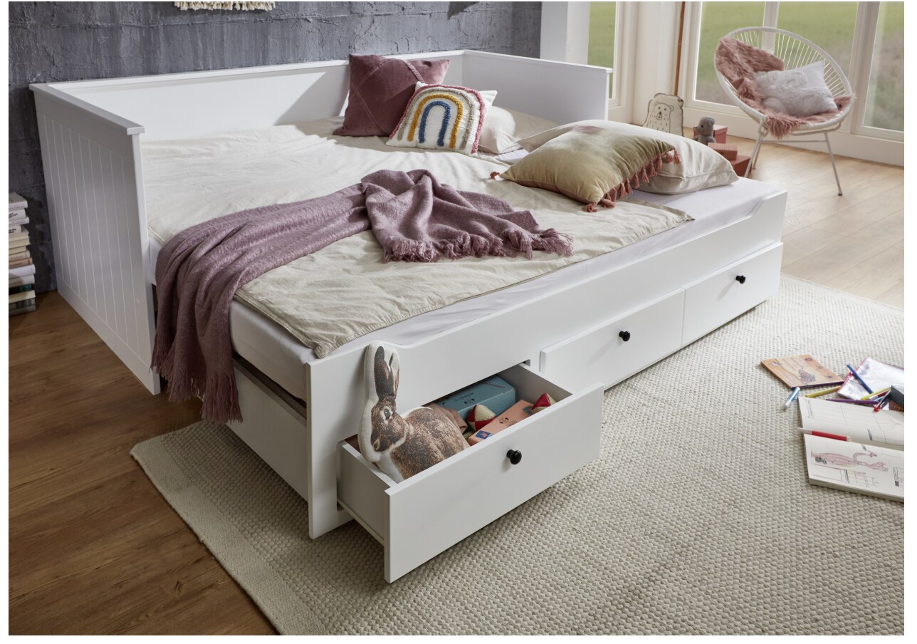 Relita - Funktionsbett KIRA 90/180x200 inkl. Lattenrost und 3 Schubladen MDF weiß
