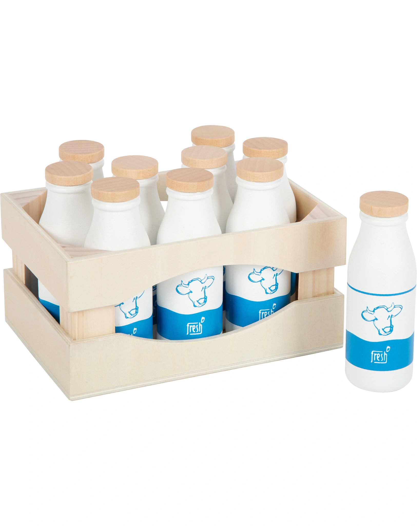 Kaufladen-Zubehör FRESH - MILCHKISTE aus Holz 11-teilig