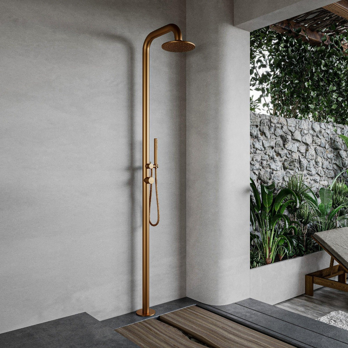 FortiFura Outdoor Deluxe vrijstaande buitendouche met handdouche geborsteld koper