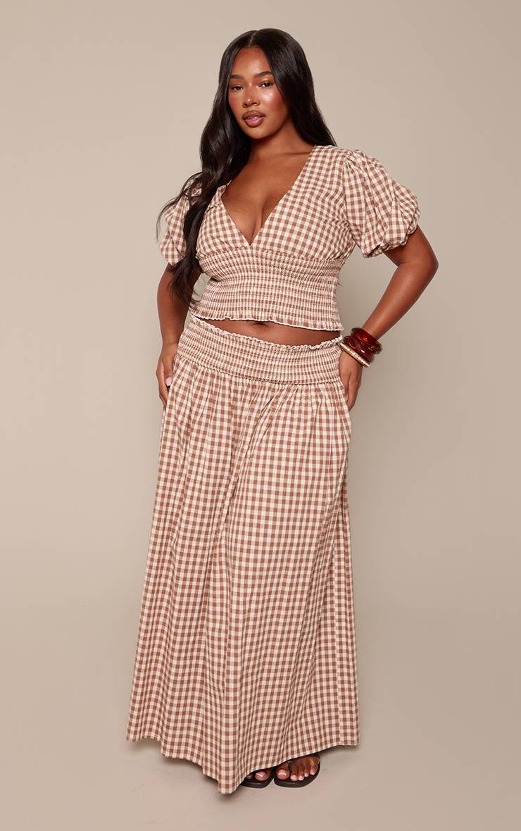 Toffee Jupe Longue Taille Froncée Vichy Marron Grande Taille Ensemble Coordonné