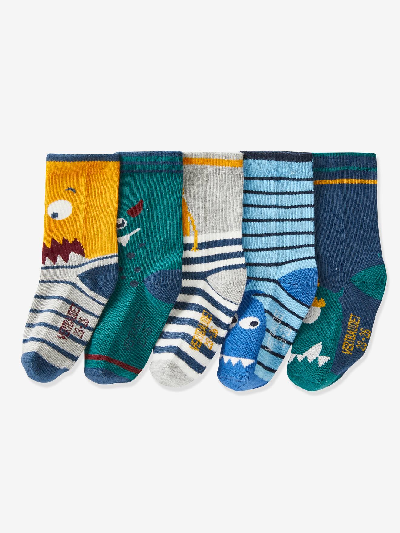 Pacote com 5 pares de meias Monster para meninos, verde médio, bicolor/multicoloridas.