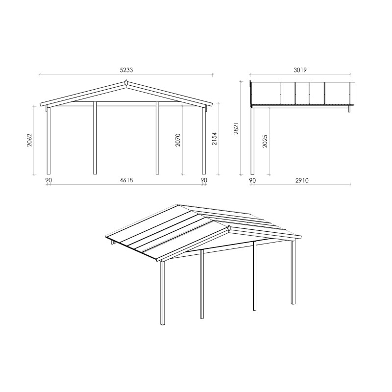 Abri de jardin en bois - 5x5 m - 40 m2 + terrasse avec balustrade et avant-toit en bois