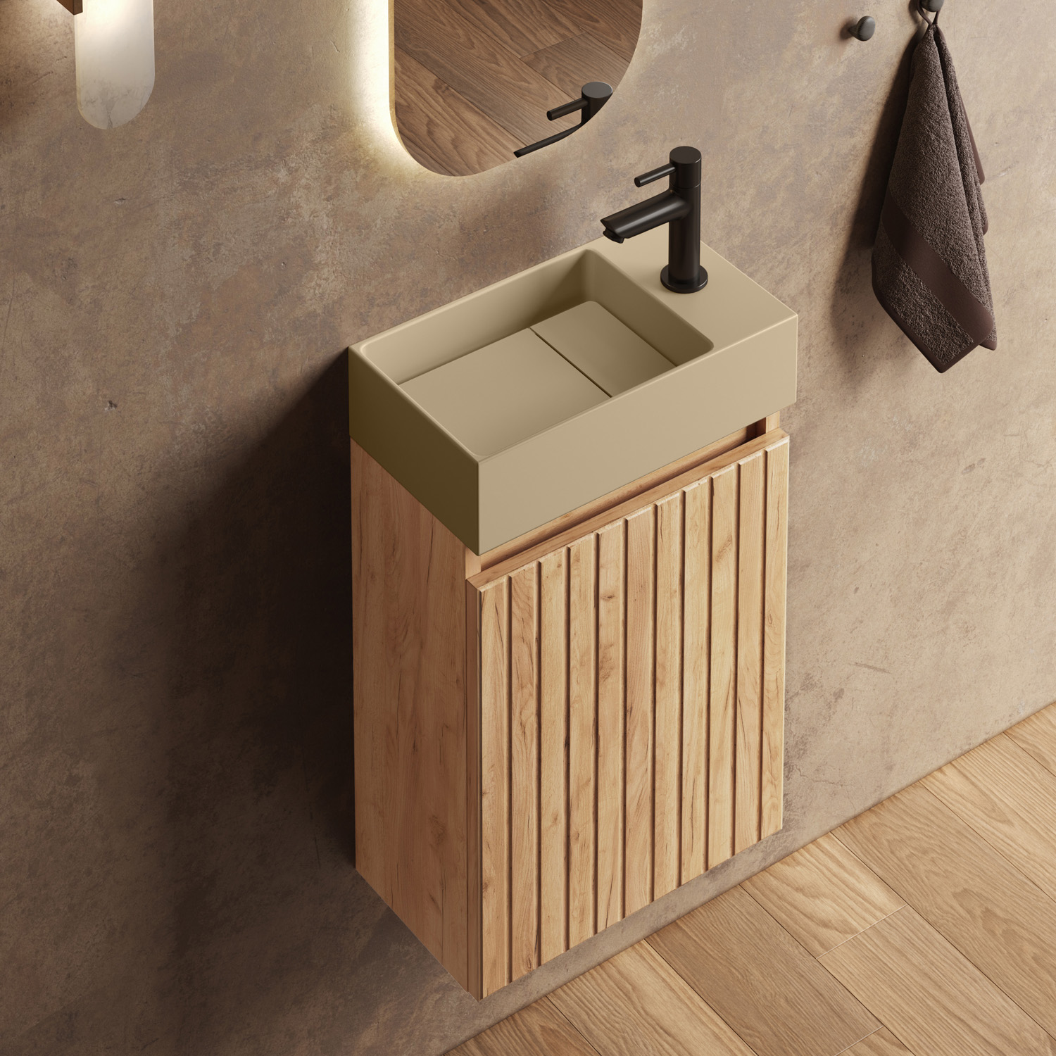 Fontana Itsie toiletmeubel warm eiken ribbelfront 40cm met fontein in mat licht ivoor