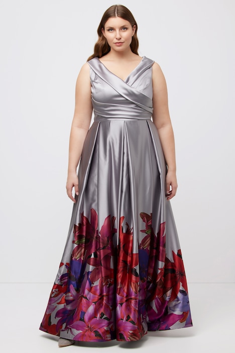 Abendkleid, Bordüre, A-Linie, V-Ausschnitt, ärmellos