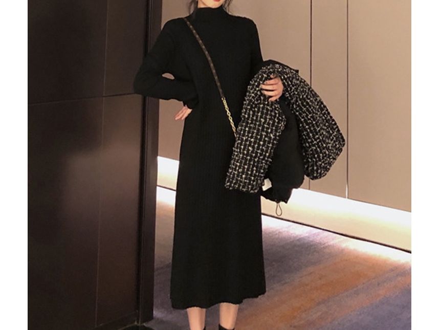 Leoom - V-hals effen kabelgebreide lange cardigan met knoopjes / Lange mouwen mockneck midi A-lijn gebreide jurk