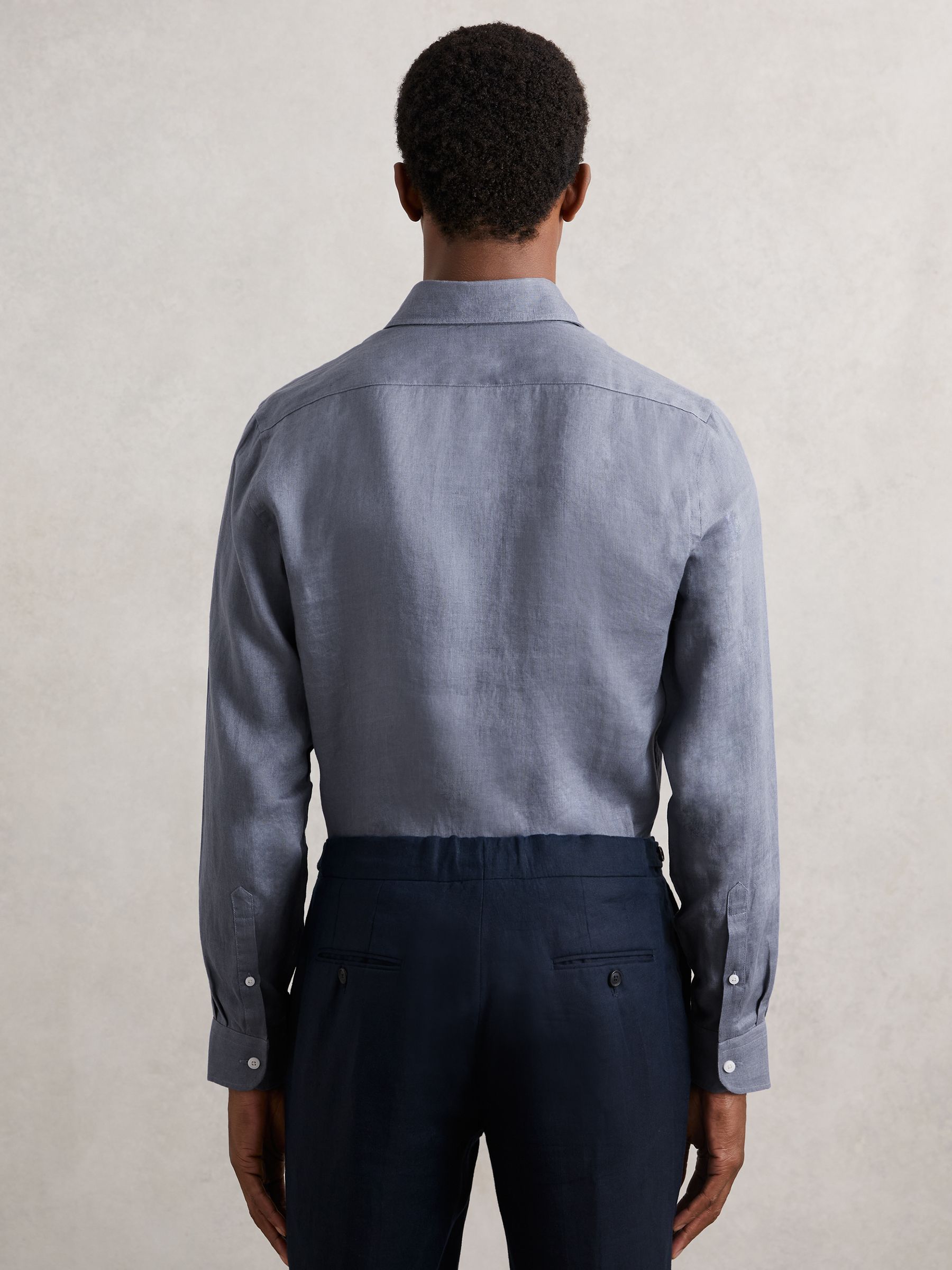 Airforce blauw - Reiss Ruban overhemd van linnen met knopen