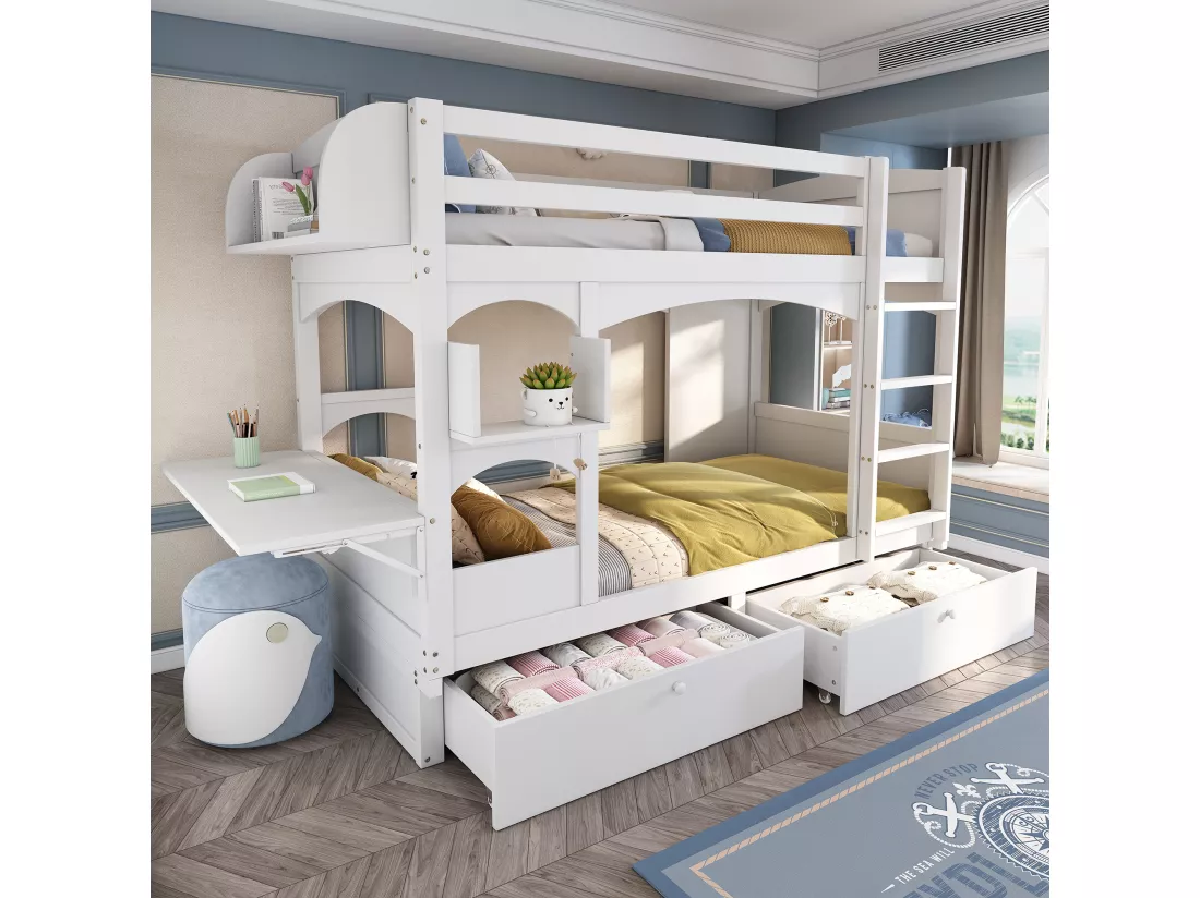 Lit superposé blanc pour enfants 90*200, en bois massif, avec table pliante et étagère, avec échelle et 2 tiroirs, sans matelas