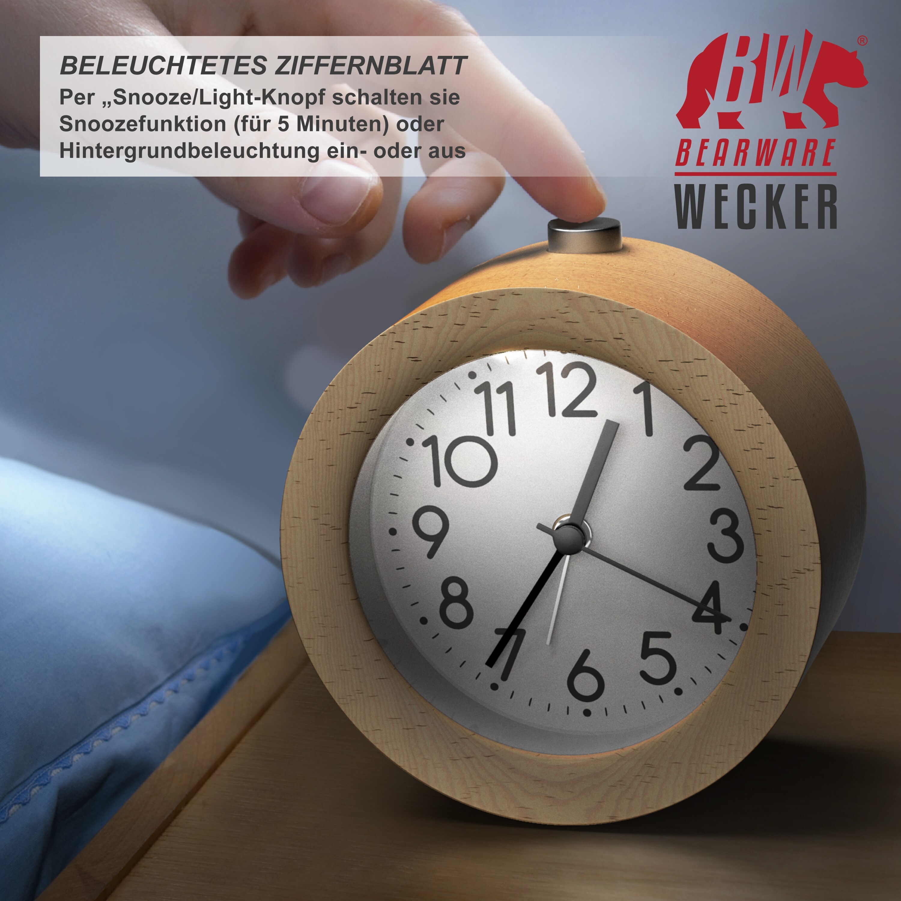 BEARWARE Analoger Wecker mit rundem Holzkorpus Holz Wecker mit beleuchtetem Ziffernblatt