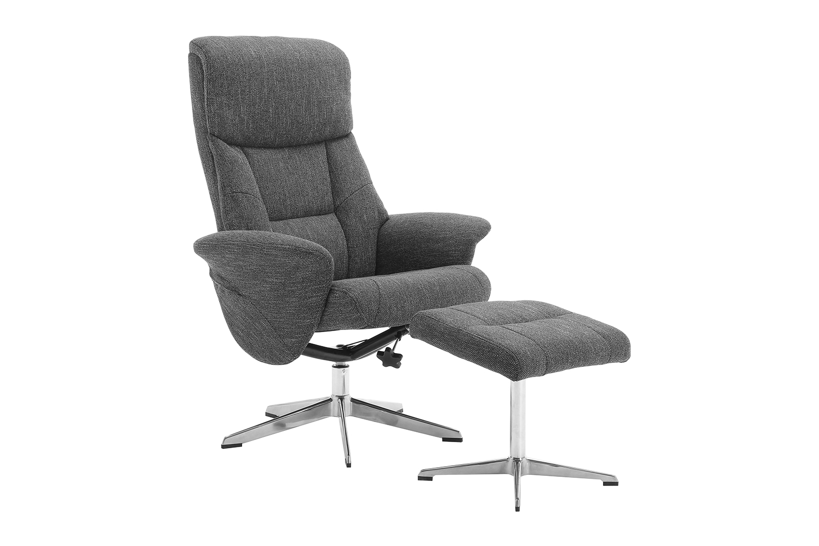 Friend lenestol med krakk I tekstil Arne 18 sort med understell i aluminium.