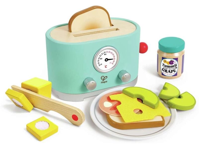 Hape Spiel-Haushaltsgerät Pop-up-Toaster-Set Kling Batteriebetriebenes Toaster-Spielset