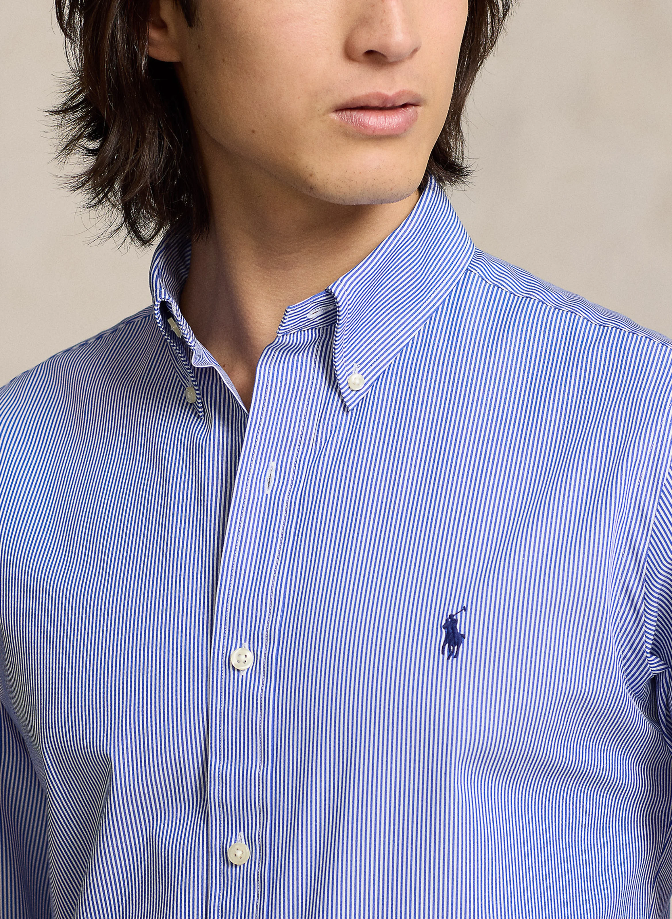 Chemise col américain en coton mélangé | Bleu
