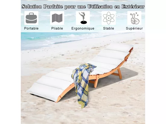 Chaise Longue Pliante en Bois Massif, Bain de Soleil avec Coussin Rembourré à Double Face et Appui-Tête Pliable, Chaise d'Extérieur à Lattes pour Jardin, Pelouse, Piscine, Charge 180 KG