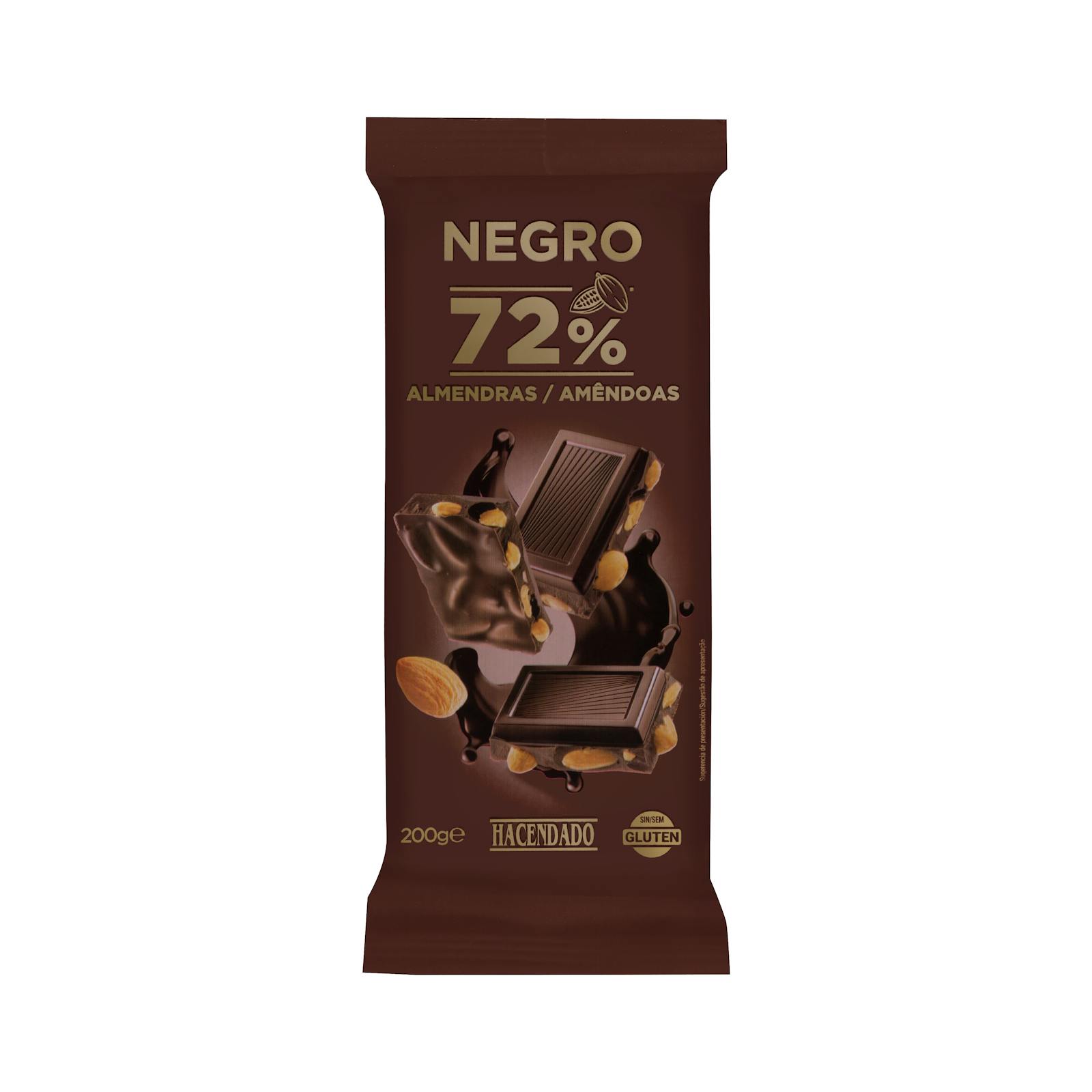 Chocolat noir Hacendado 72% de cacao aux amandes entières