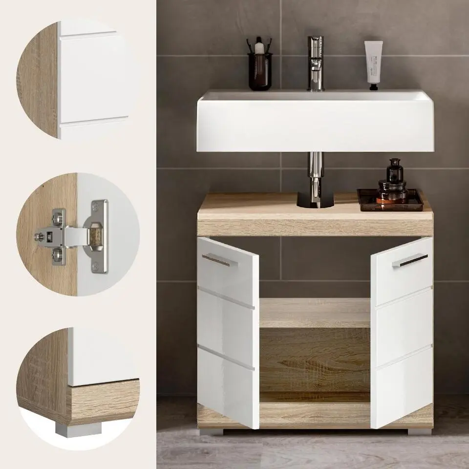 Hioshop Lambada wastafel 2 deuren wit hoogglans- eiken decor