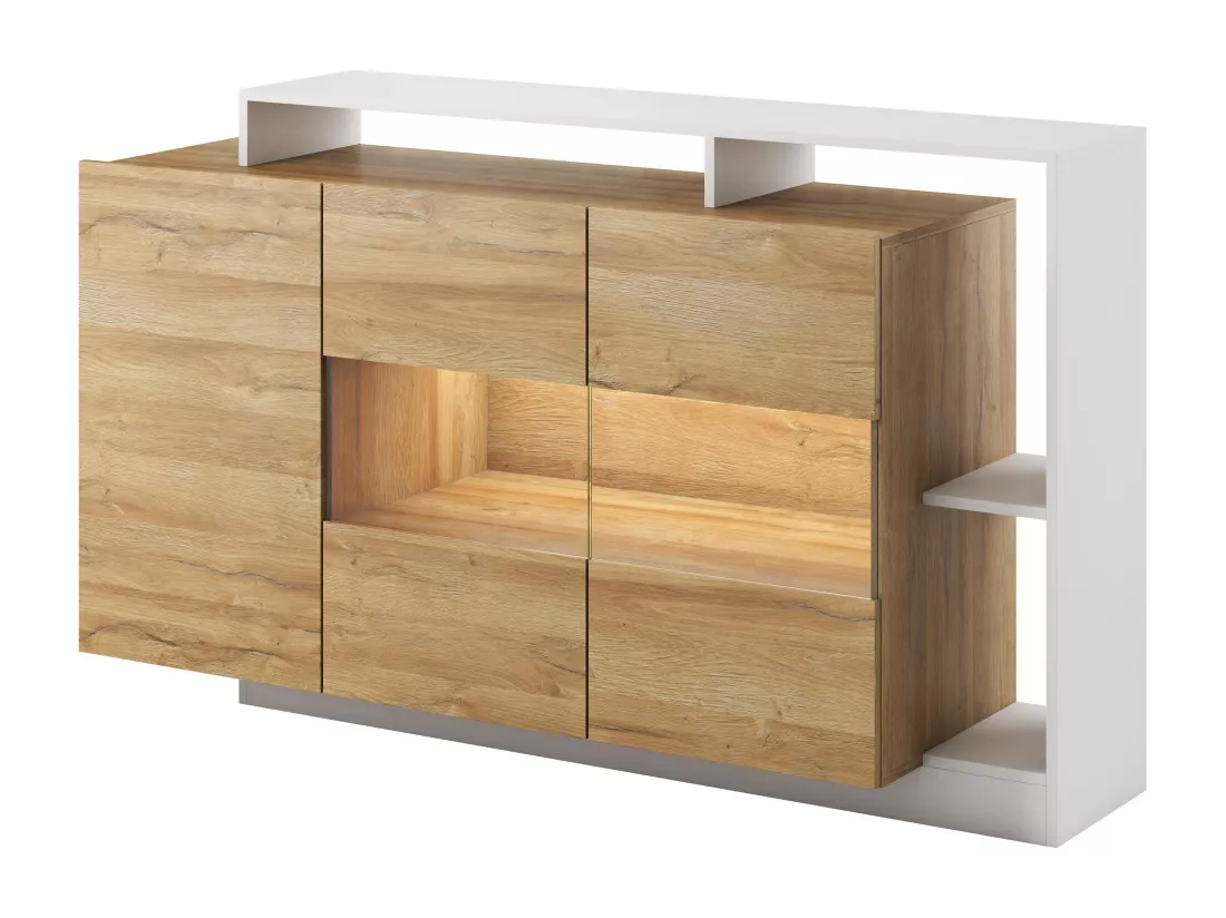 Buffet 3 portes et 3 niches avec LEDs - Coloris : Naturel et blanc - IDESIA