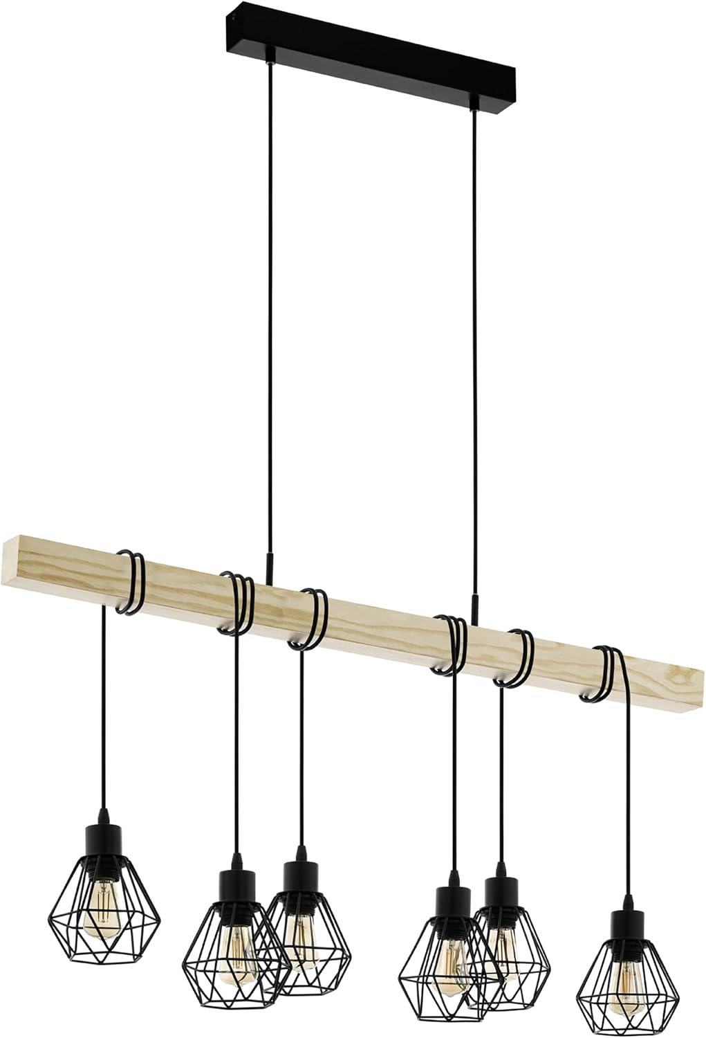EGLO Pendellampe Townshend 5, 6 flammige Vintage Pendelleuchte im Industrial Design, Retro Hängelampe aus Stahl und Holz, Farbe: Schwarz, braun, Fassung: E27