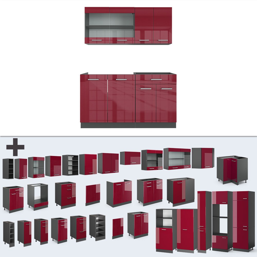 VICCO Küchenzeile R-LINE SINGLE Einbauküche 140 cm Küche Küchenblock Singleküche Anthrazit Bordeaux Hochglanz