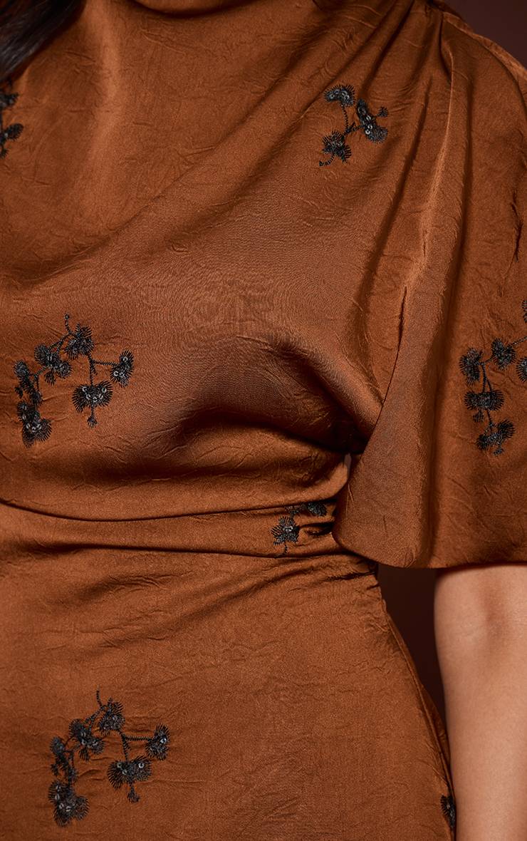 Marron Robe Mini En Satin Brodée