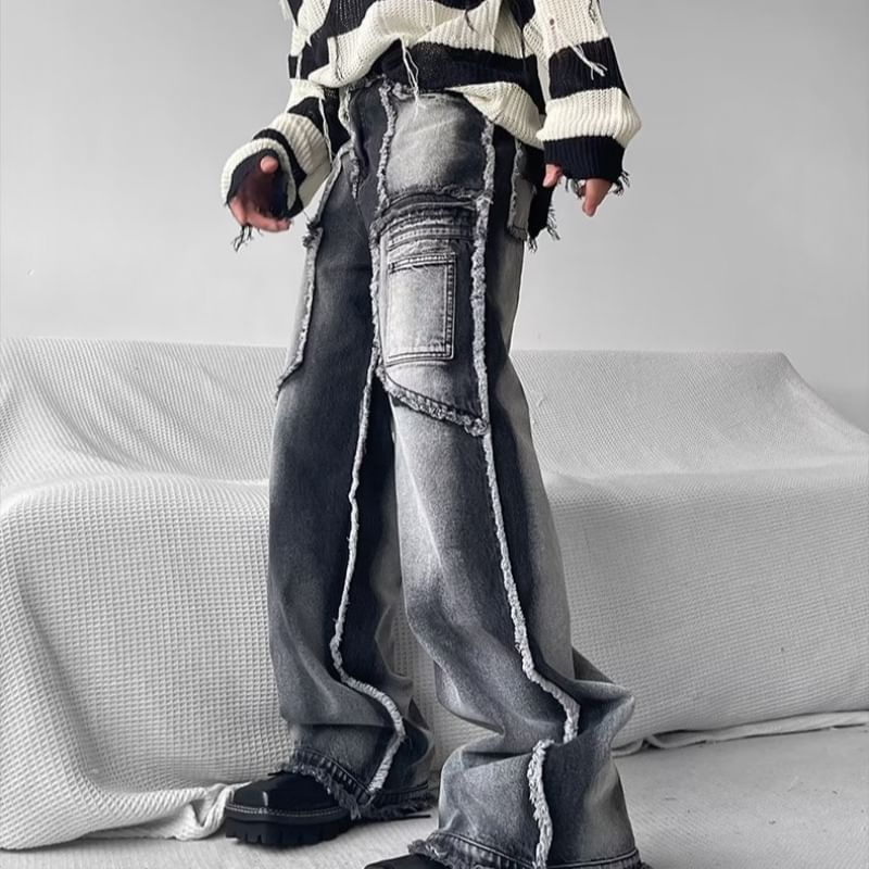 Adotuastic - Low Rise Washed Frayed Wide Leg Jeans