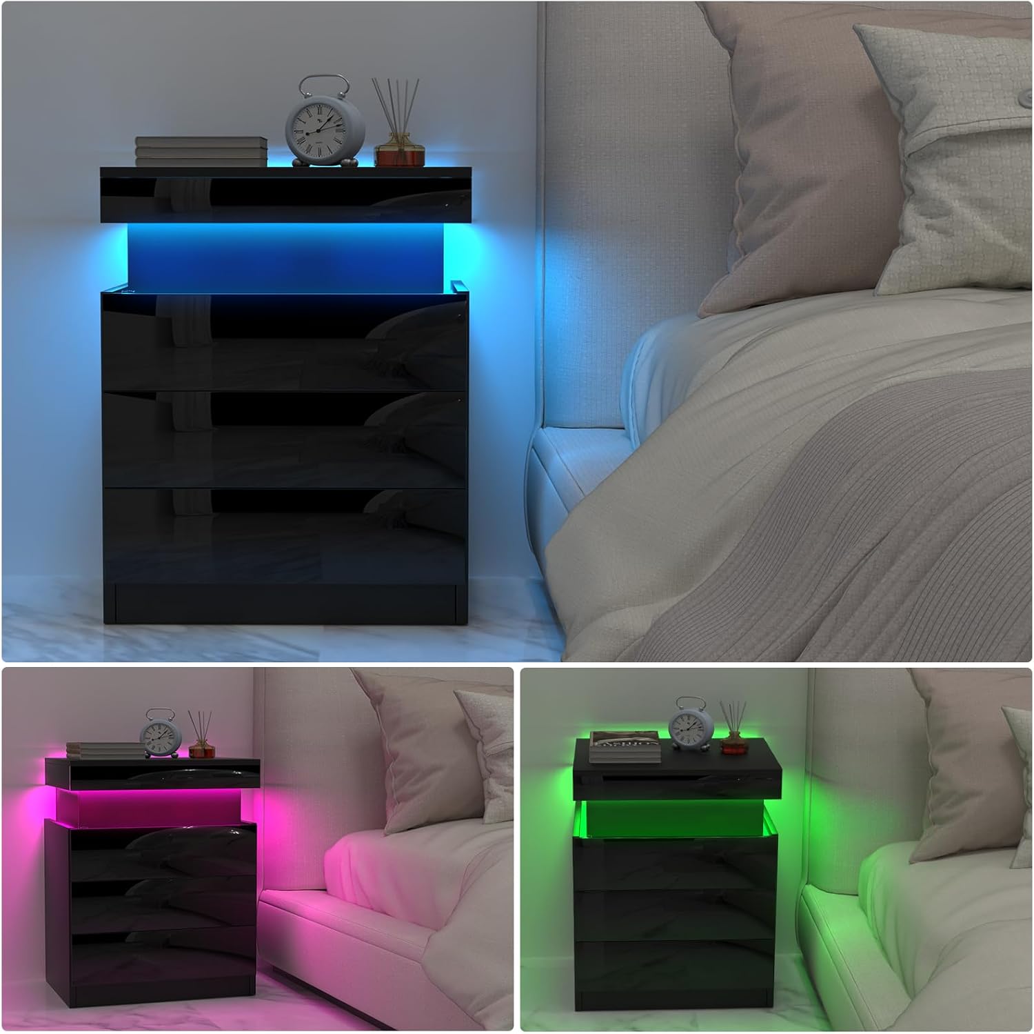 Nachttisch Schwarz 2er Set, Nachtschrank mit Led Licht und Steckdose, Nachtkommode mit 3 Schubladen und Versteckte Schiebeschränke für Wohnzimmer, Schlafzimmer (45x40x67cm)