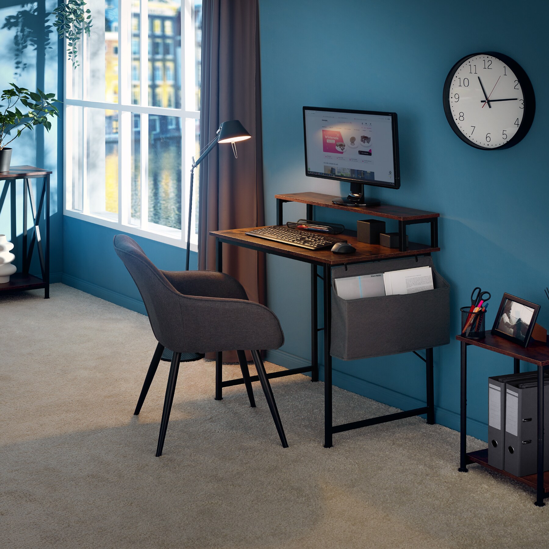 tectake® Schrebitisch, Industrial Style, mit Monitorständer und Aufbewahrungstasche, 80 x 55 x 90 cm