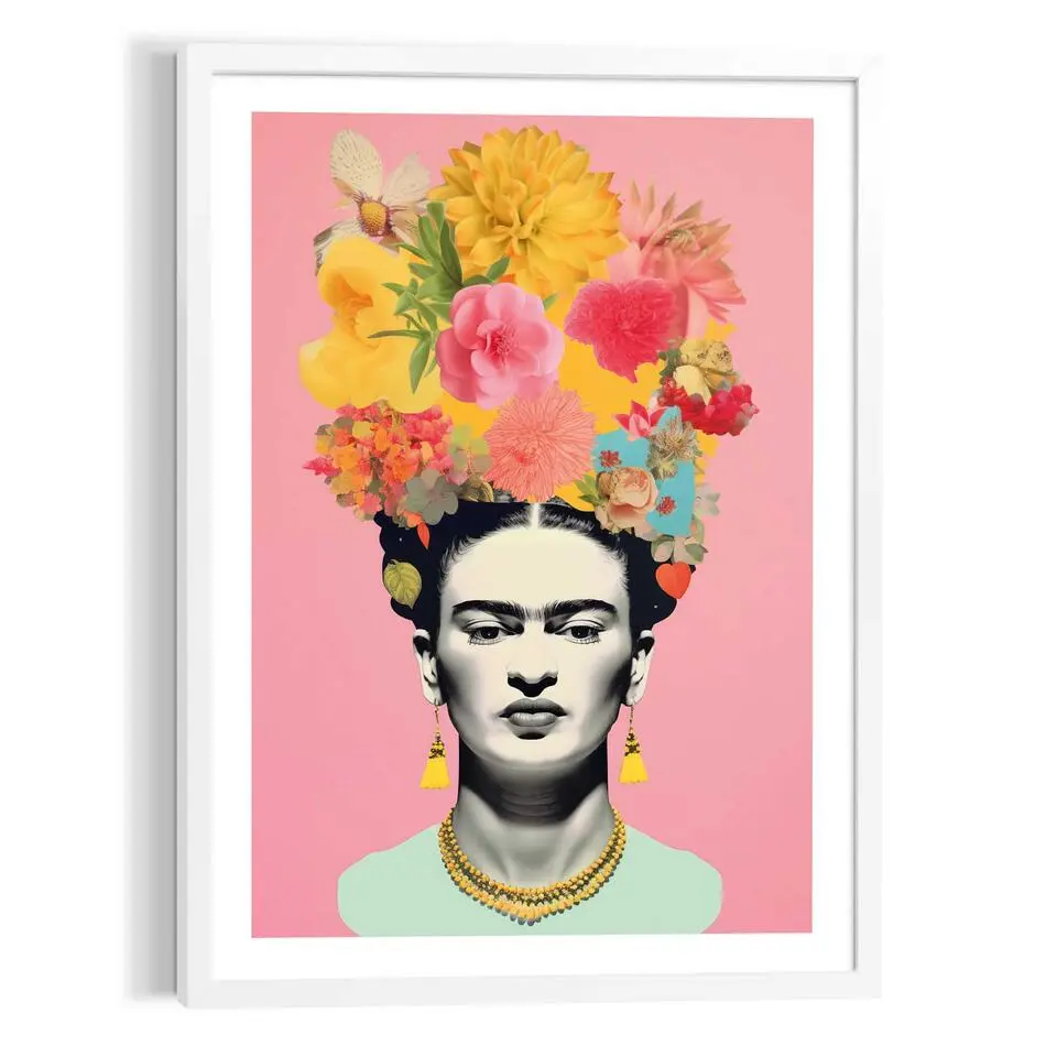 Schilderij Frida Kahlo - Bloemen - 70x50cm - Bont