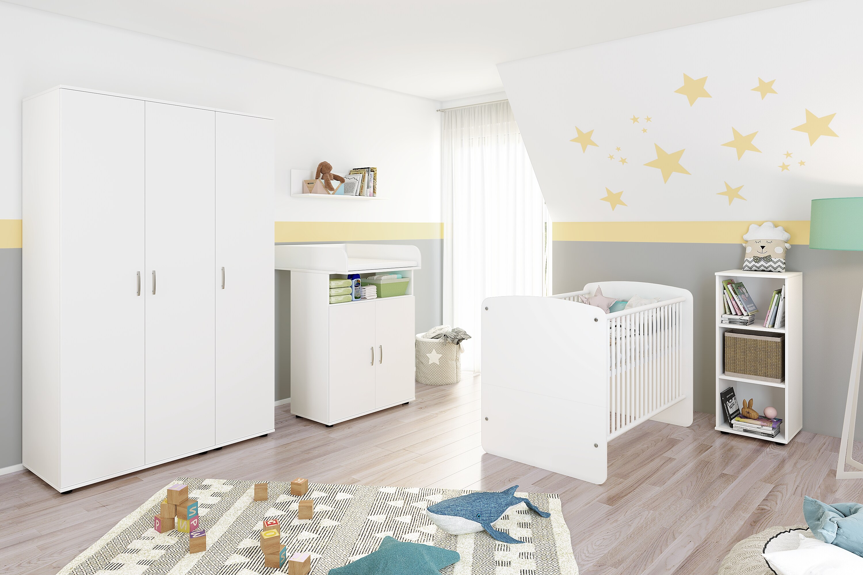 nonjoo. Babyzimmer Lunis Set 8: best. aus Babybett, Kommode, Wickelaufsatz, Wandboard, Regal mit 3 Fächern und Kleiderschrank 3-trg.