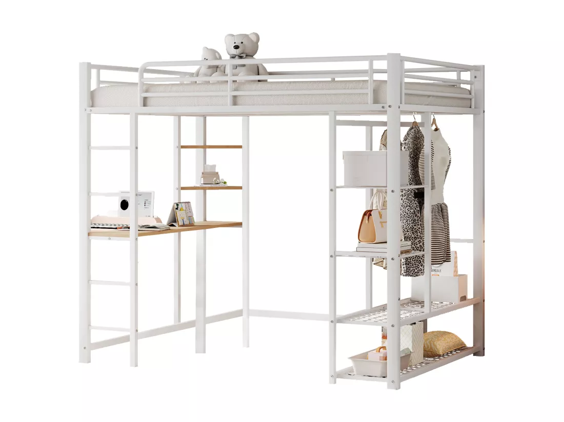 Lit mezzanine 140x200cm en métal - avec table et étagères - Blanc