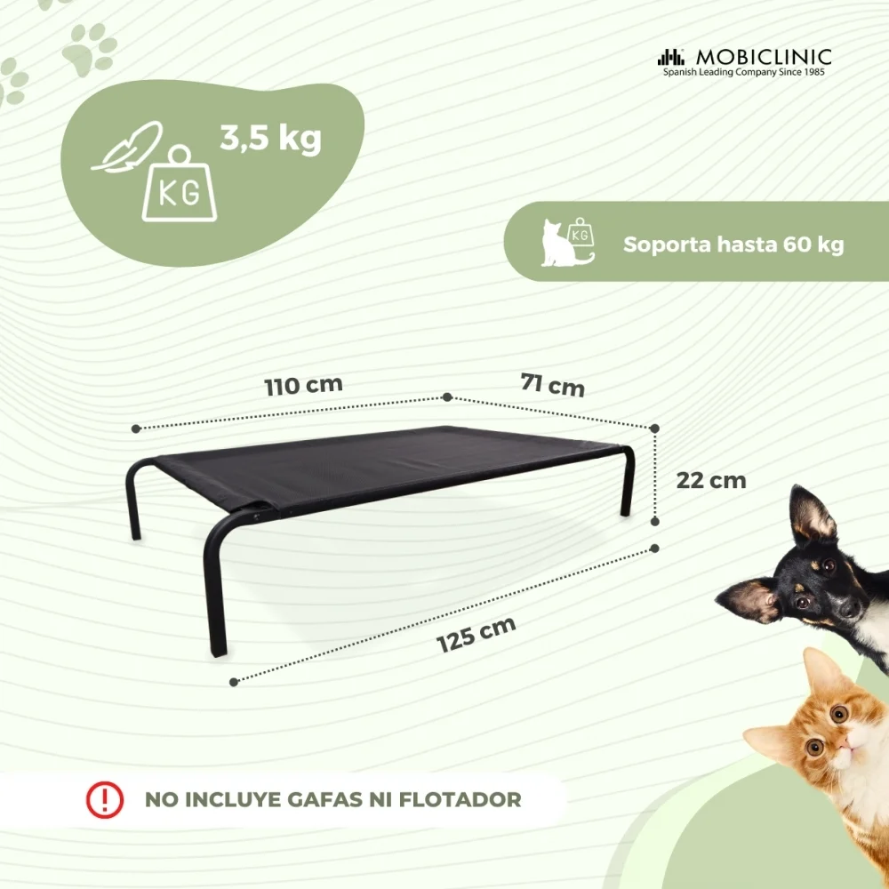 Cama elevada para animais de estimação | Isolante térmica | 122 x 71 x 21 cm | Máx. 60 kg | Leve | Durável | Preta | Cleo | Mobiclinic