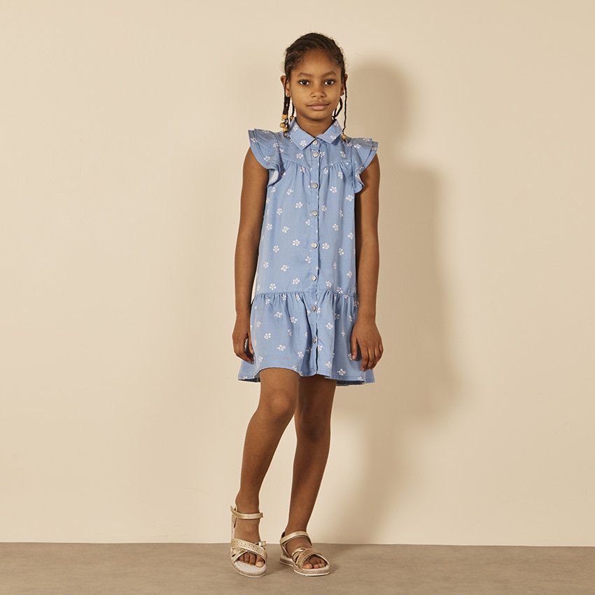 Robe manches courtes volantées imprimé fleurs pour fille - Bleu
