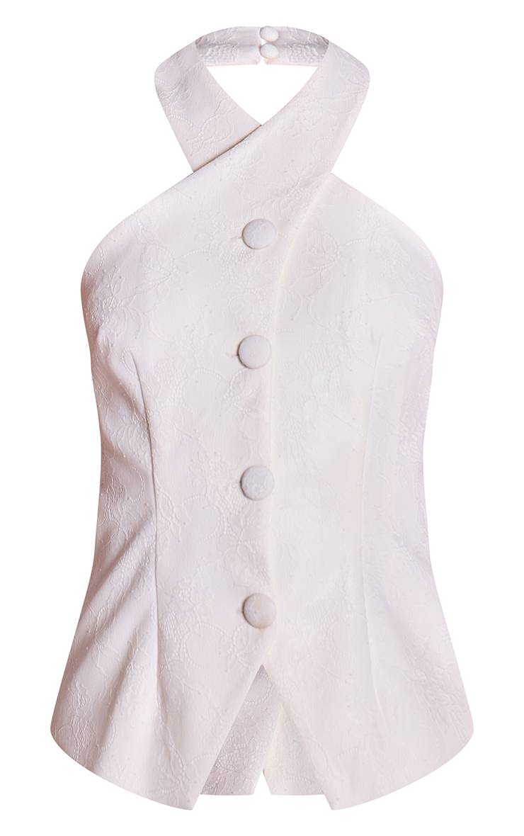 Blanc Ensemble Coordonné Gilet Col Halter Ajusté En Dentelle Premium