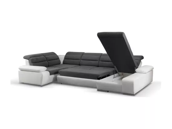 Canapé d'angle panoramique convertible en tissu et simili BOILEAU - Bicolore Gris/Blanc - Angle droit