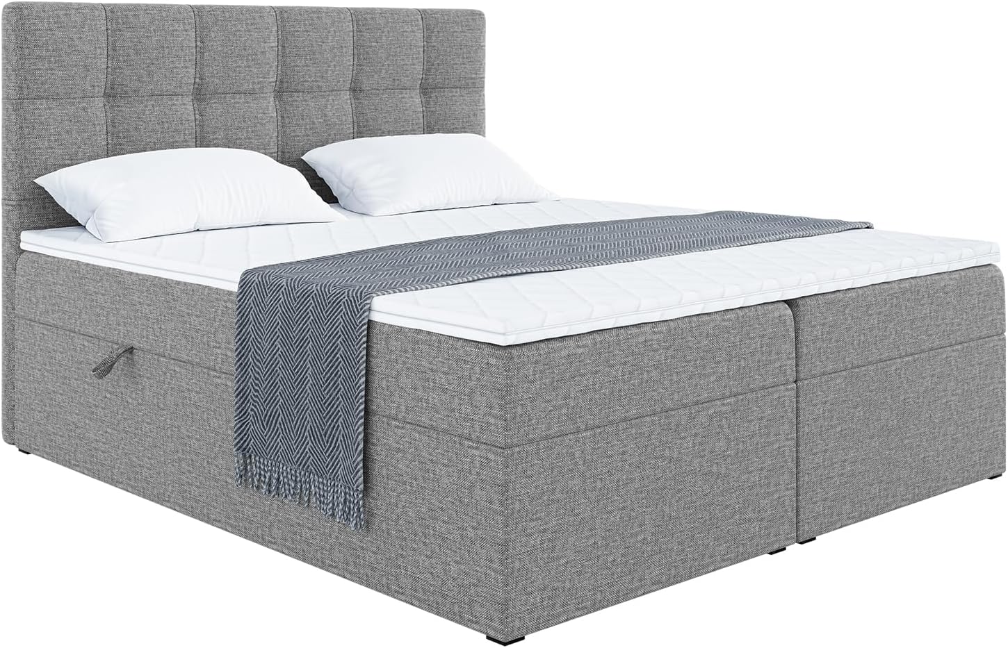 MEBLINI Boxspringbett mit Bettkasten - Gepolstert Doppelbett mit Matratze und Topper - Polsterbett mit Stauraum - Bett mit Kopfteil - Stauraumbett - NILS - 180x200 - H3/Grau Webstoff