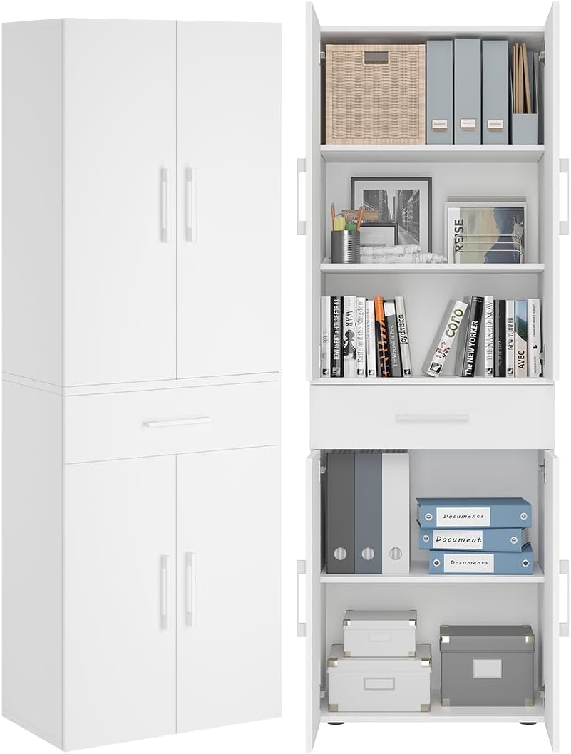 Bellamio Apol Mehrzweckschrank Weiß – Aktenschrank 60 cm breit – Hochschrank aus Holz – Aufbewahrungsschrank mit 5 Fächern & 1 Schublade – Büroschrank, Flurschrank, Allzweckschrank, Schuhschrank