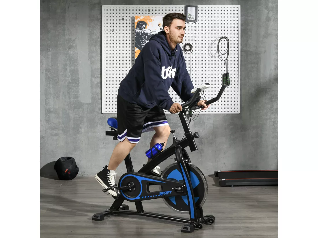 Vélo d'appartement cardio - vélo biking - écran LCD multifonction, selle, guidon réglable, volant inertie 8 Kg - acier bleu noir