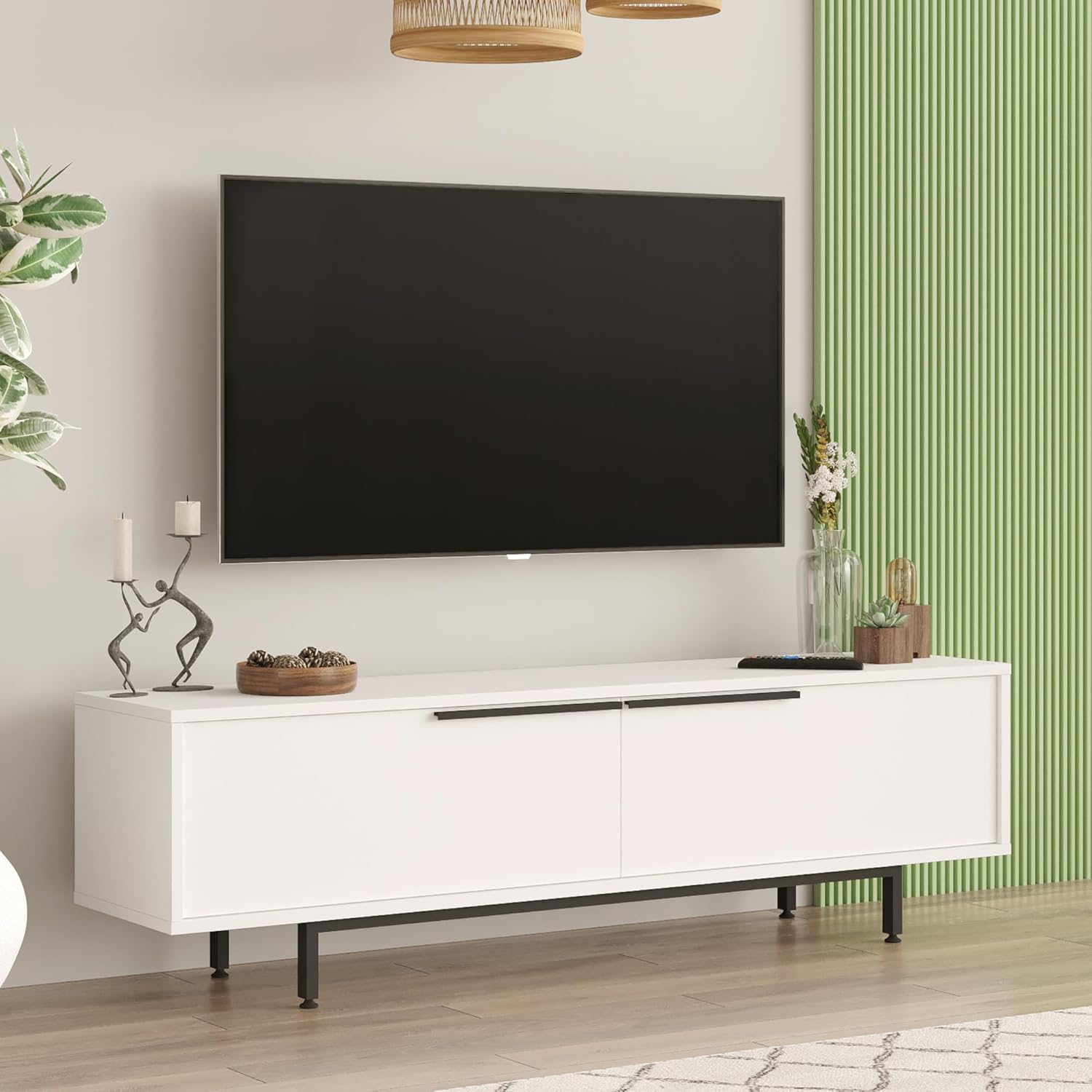 [en.casa] TV Schrank Urejovle Lowboard mit 2 Türen TV Board Weiß Fernsehtisch TV Kommode Fernsehschrank 160 x 36 x 45 cm Metallgestell