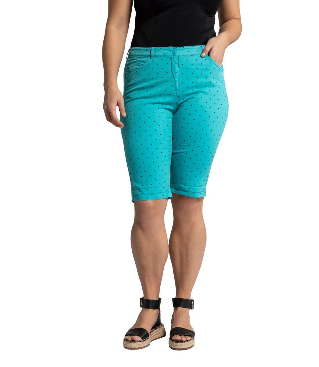 ULLA POPKEN Bermuda Sammy à pois Taille confort 5 poches pétrole clair