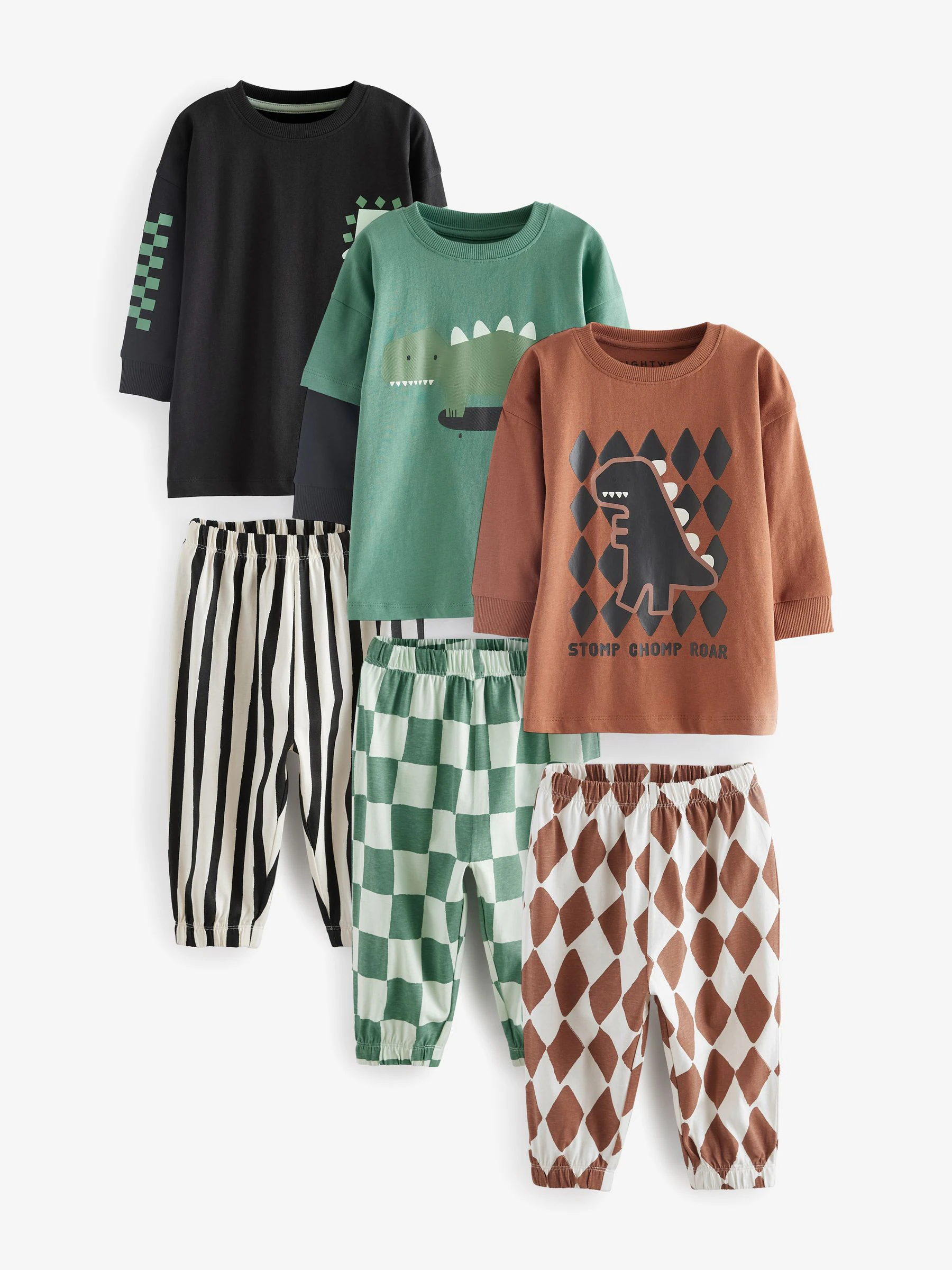 Groen/Zwart/Roestbruin met ruitpatroon - Verpakking van 3 oversized pyjama's 3 (9mnd -10jr)