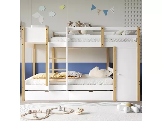 Lit superposé pour enfants 90x200 cm, avec échelle à 3 marches, 2 armoires de rangement, 2 tiroirs sur roulettes, pin + MDF, blanc + naturel