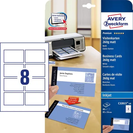 Avery Zweckform C32015-10 Premium Visitenkarten, 85 x 54 mm, beidseitig beschichtet, 80 Karten / 10 Bogen