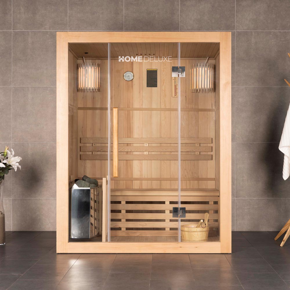 Home Deluxe - Traditionele Sauna - Skyline L - 120 x 150 x 190 cm - voor 2-3 personen, hemlock, incl. saunakachel, saunatoebehoren | Stoomsauna, opgietsauna, Finse sauna, biosauna