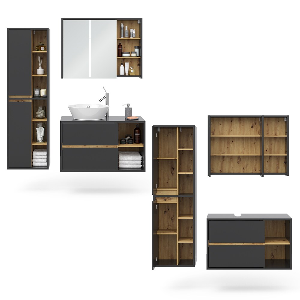 Vicco Badmöbel-Set Badezimmer-Möbel Bad-Schrank Viola Anthrazit Eiche modern Badezimmerschrank Waschtischunterschrank Spiegelschrank Schranktür Schrankfach Ablage Aufbewahrung
