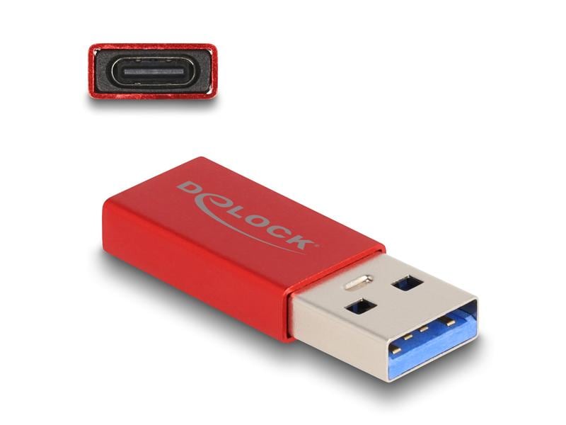 Delock USB-Adapter 3.2 Gen 2 (10 Gbps) USB-A Stecker - USB- Delock USB 10 Gbps Adapter USB Typ-A Stecker zu USB Type-C Buchse aktiv rot