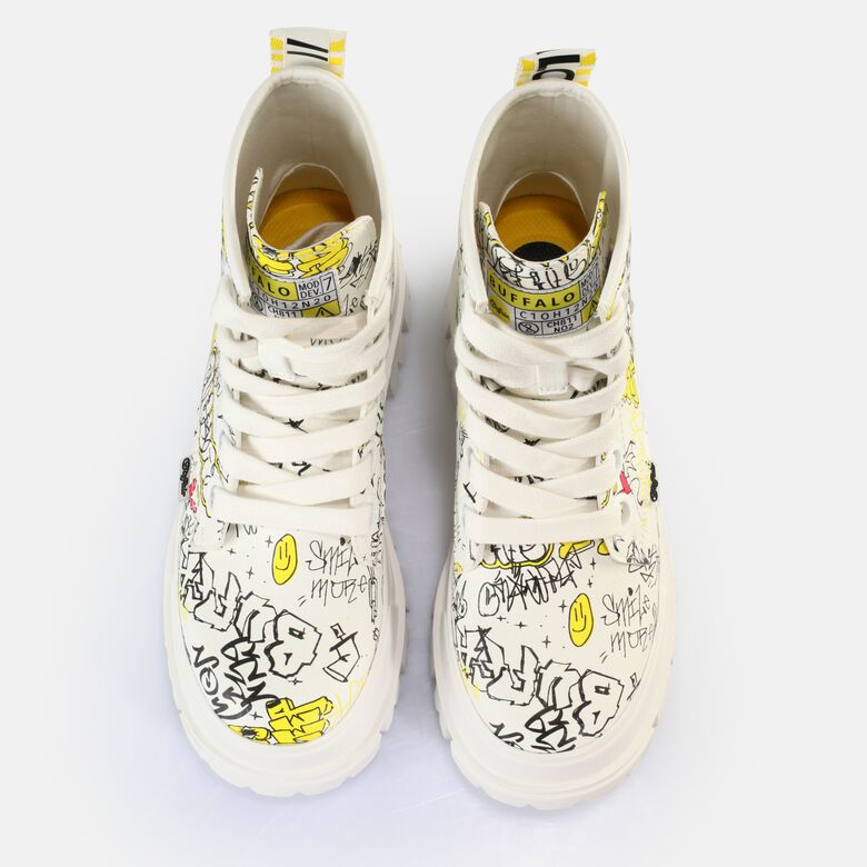 Aspha Lace Up Hi Bottines véganes, blanc graffiti