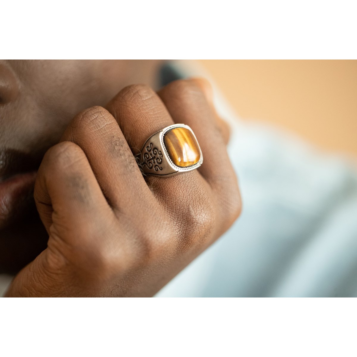 Bague Victorin en Acier 316L avec oeil de tigre synthétique marron